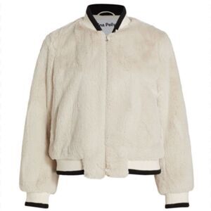 Ena Pelly Core Essential Faux Fur Bomber Jacket Bone Cream Black Trim Sz 2